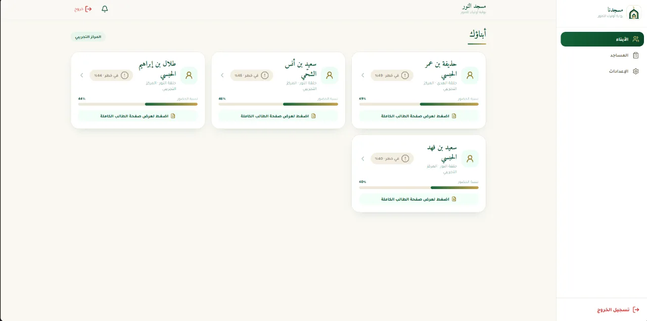 بوابة أولياء الأمور: بطاقاتُ الأبناء ونسبةُ حضور كلٍّ منهم ورابطٌ إلى صفحته
