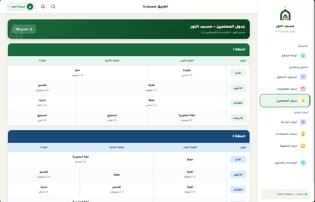 جدول المعلمين: جدولٌ أسبوعيّ لكل حلقة بالمواد والمعلمين وفتراتِ اليوم